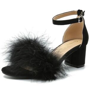 NIB Omthaka Black Feather Ankle Strap Block Heel Sandals Women's Sz 6.5